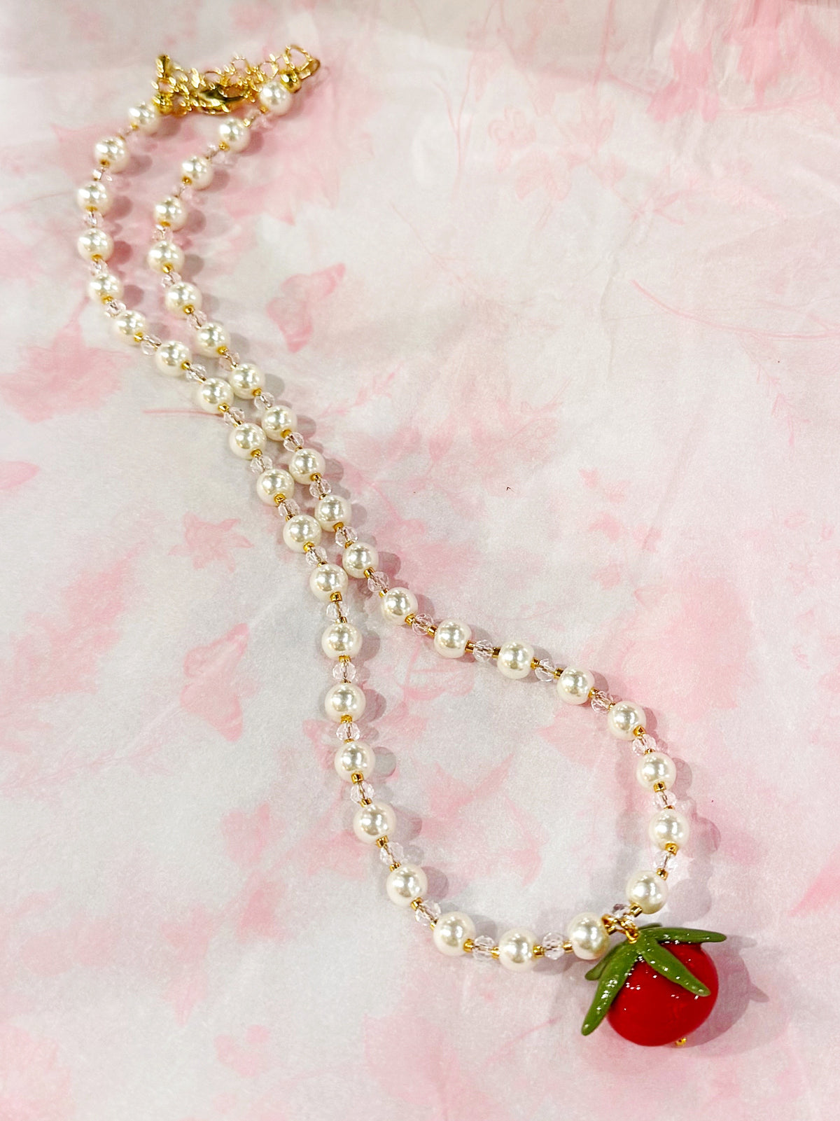 Tomato Pearl and Charm Necklace - Handmade