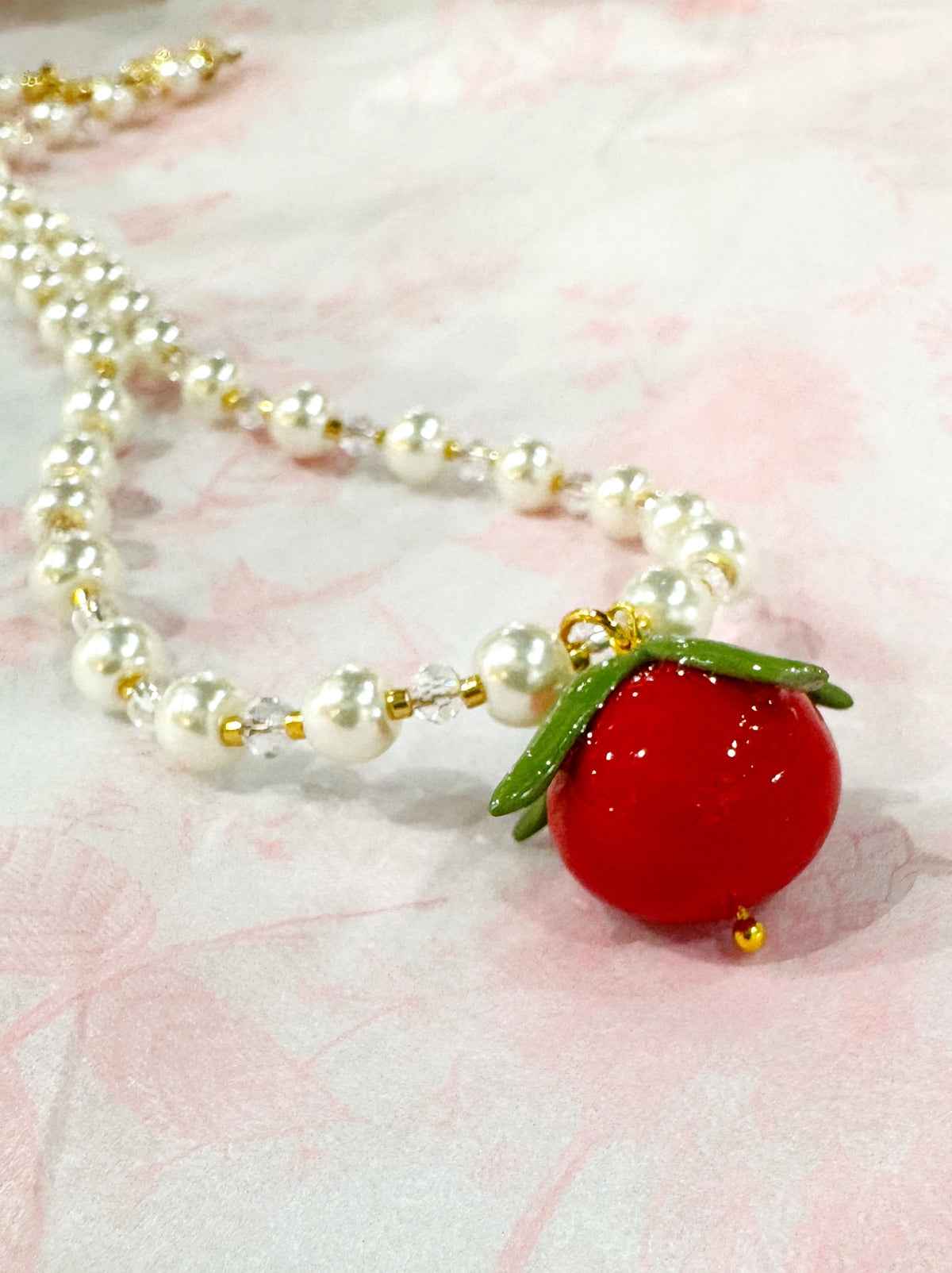 Tomato Pearl and Charm Necklace - Handmade