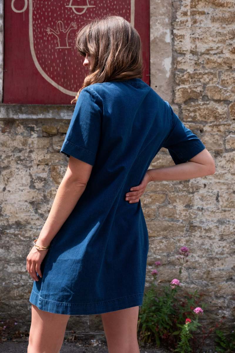 Wren Pullon Dress Textured Indigo Denim