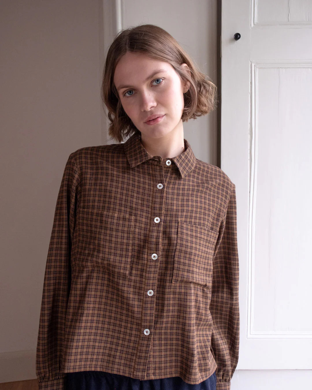 Ada Cropped Blouse Brown Flannel Check