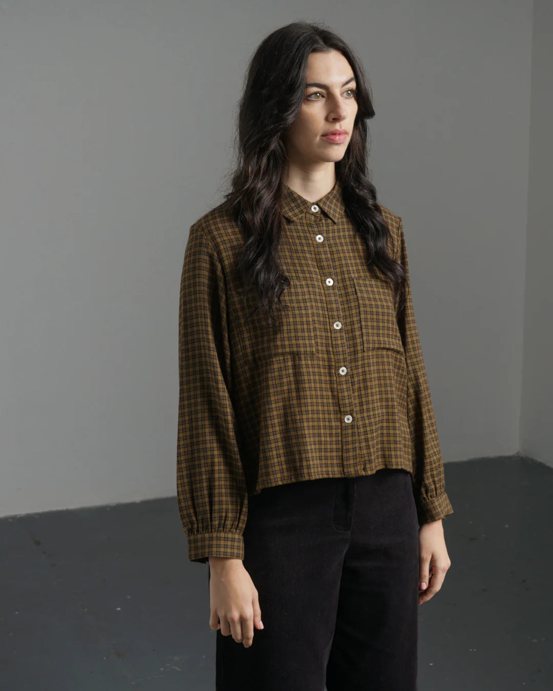 Ada Cropped Blouse Brown Flannel Check