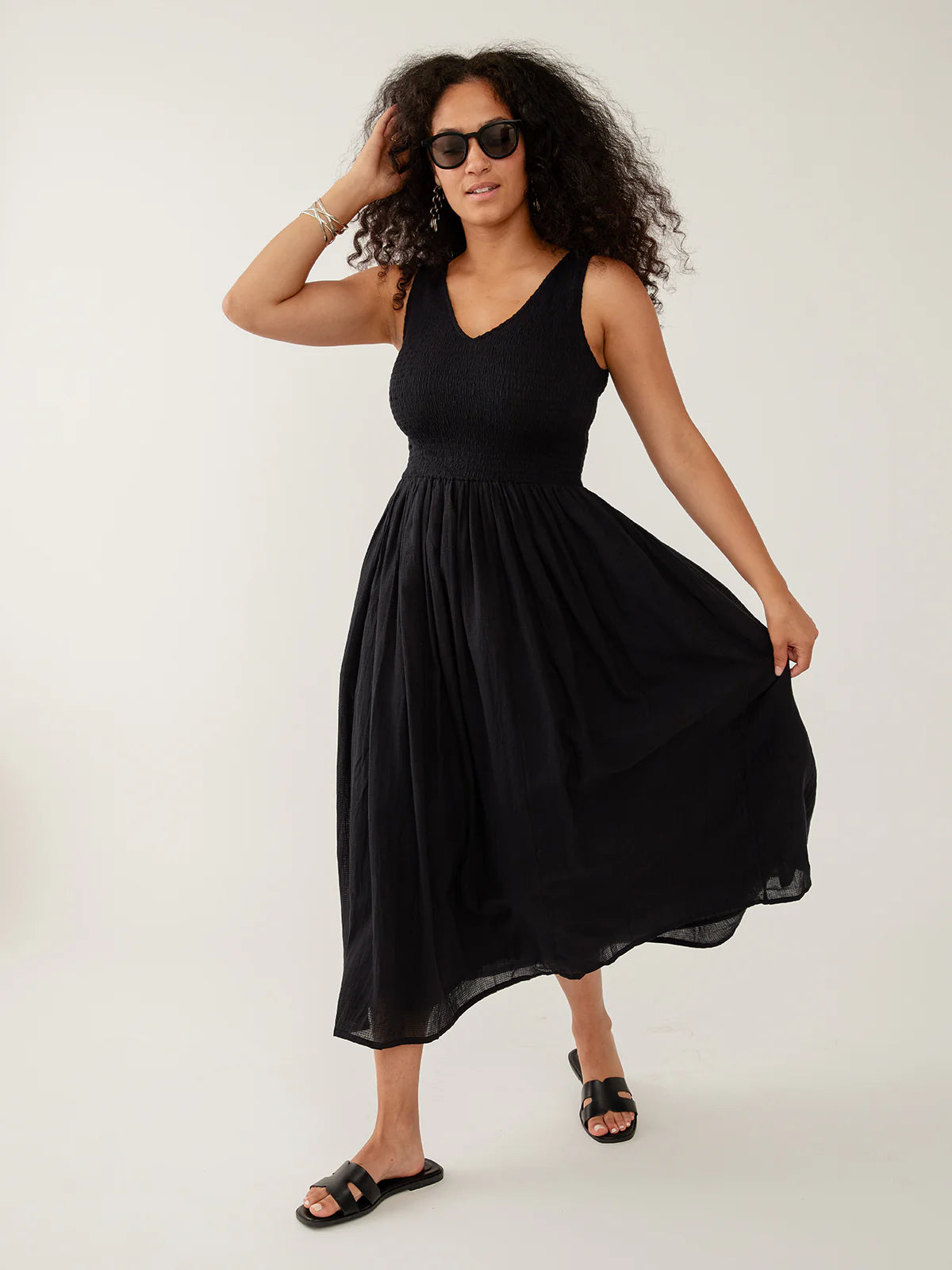 Lily V-Neck Sleeveless Dress - Black Textured Check