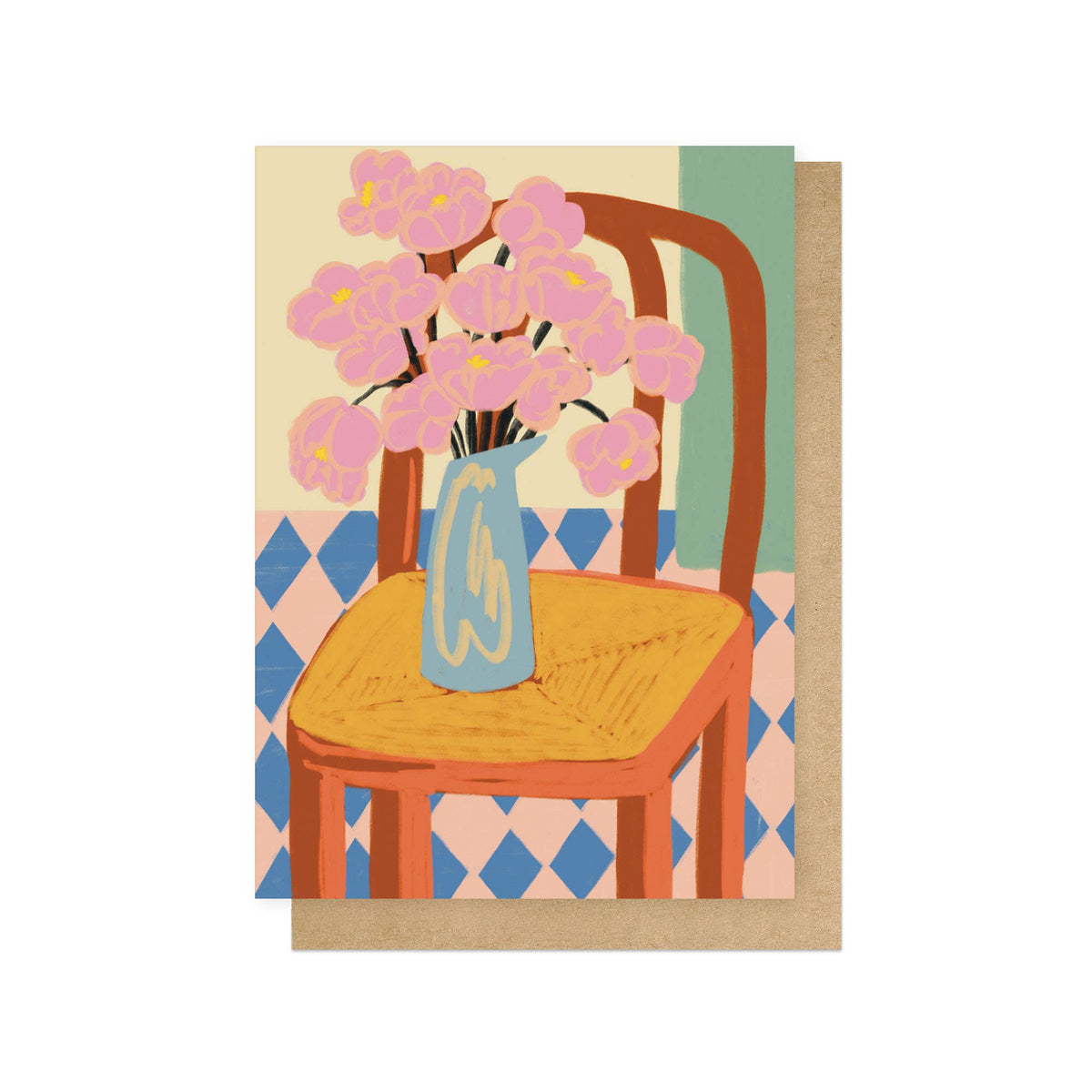 Flowers On A Chair Greetings Card: Bio-Cello