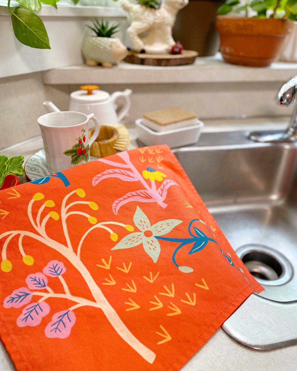 Coral Red Wildflowers Tea Towel