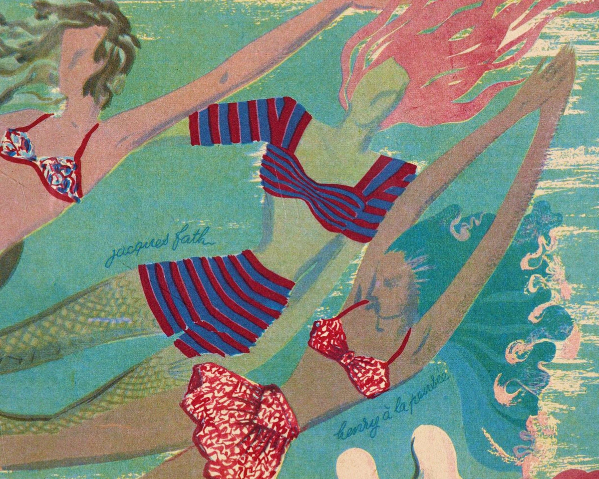 Vintage French mermaid illustration | Women in water | La Femme magazine  | Cabin, lake, bathroom wall art: 8x10 Inches