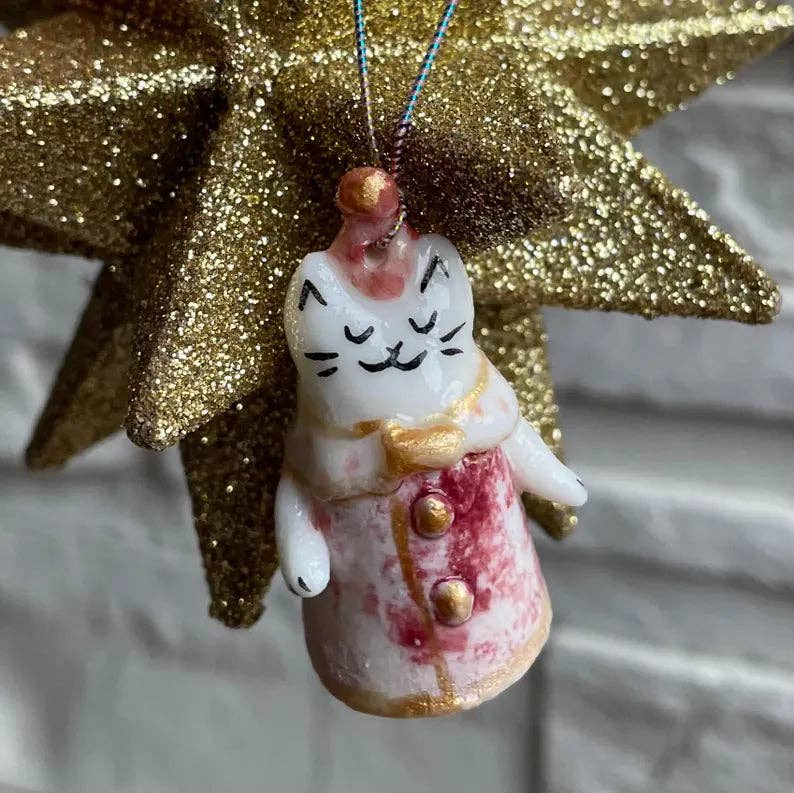 Tiny handmade cat themed ceramic Christmas ornament