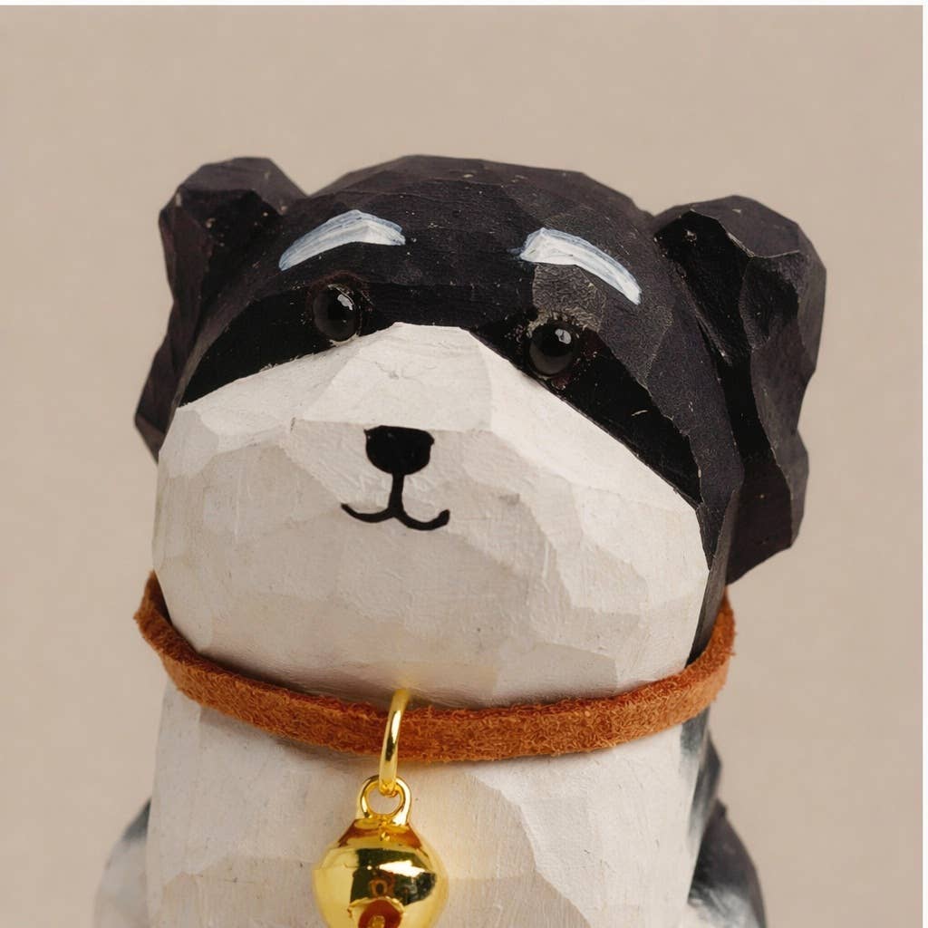 Hand-Carved Basswood Dog Figurine with Bell: A6