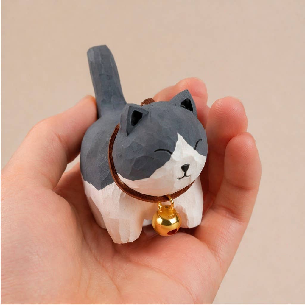 Hand-Carved Basswood Cat Figurine with Bell: A3