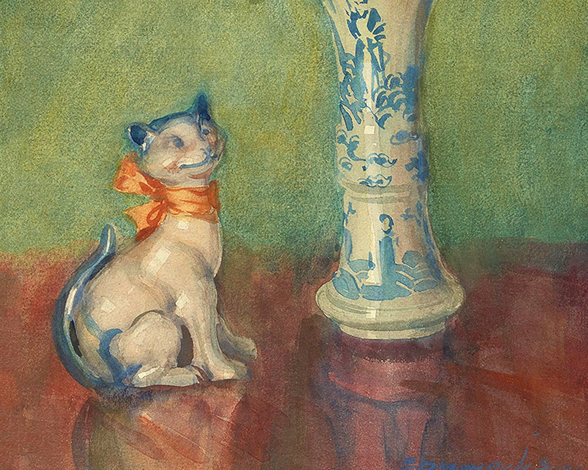 French still life | Lares et Penates |  Marigolds & Staffordshire dog | Flowers with cat, dog | Animal wall art | Art nouveau print: 8x10 Inches