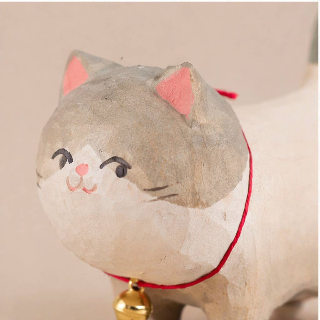 Hand-Carved Wooden Cat Figurine with Bell: A2