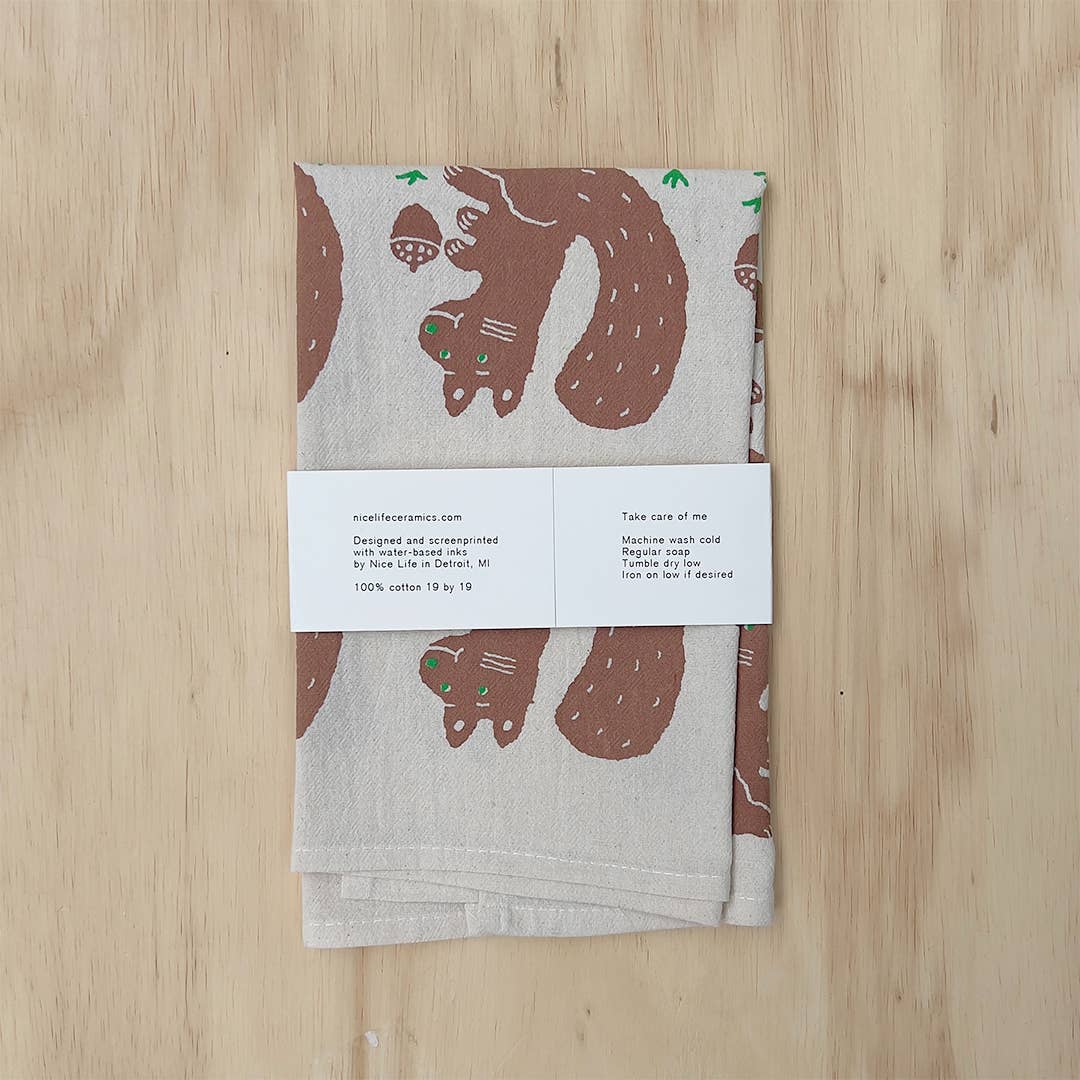 Squirrel and nut tea towel