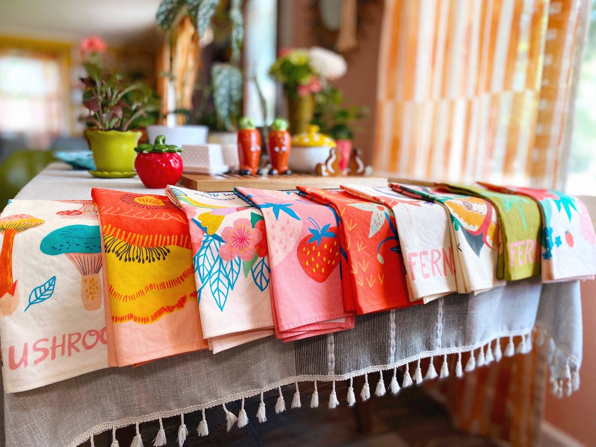 Coral Red Wildflowers Tea Towel