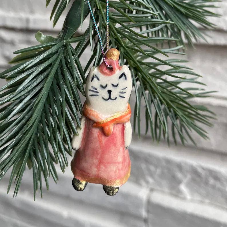 Tiny handmade cat themed ceramic Christmas ornament