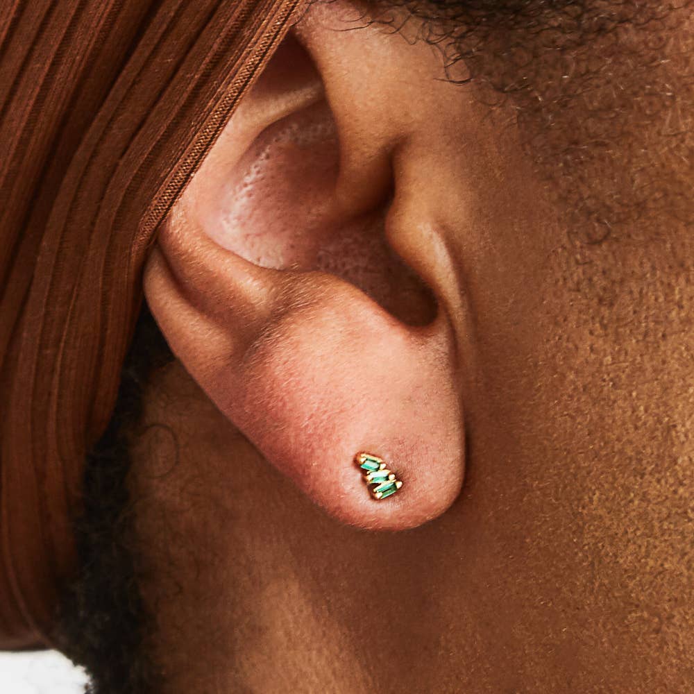 Green Triple Baguette Gold Vermeil Stud - SINGLE