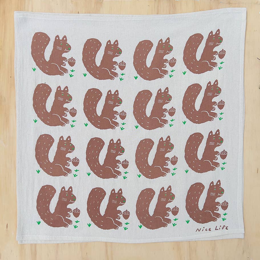 Squirrel and nut tea towel
