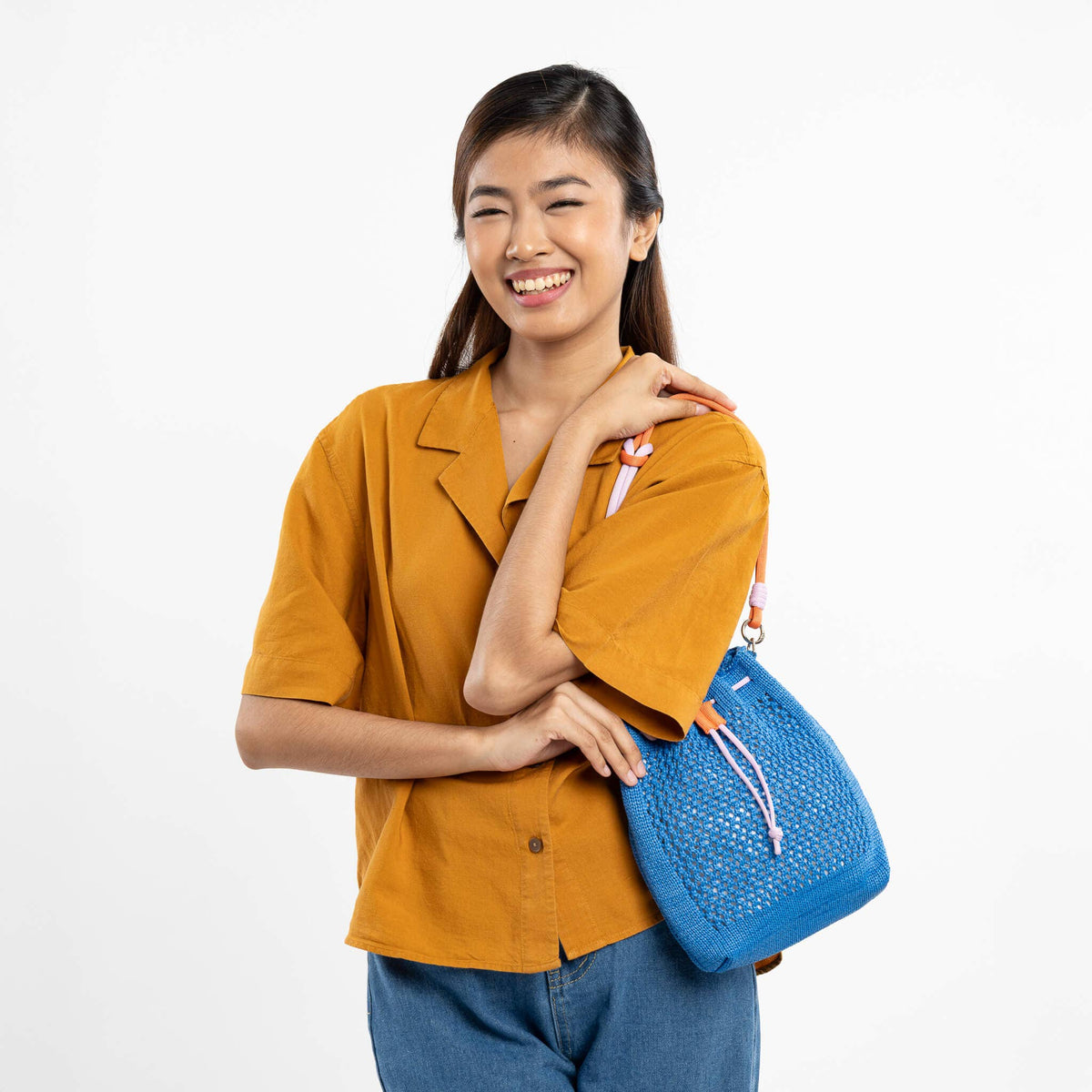 Drawstring Raffia Mini Bag: Cobalt
