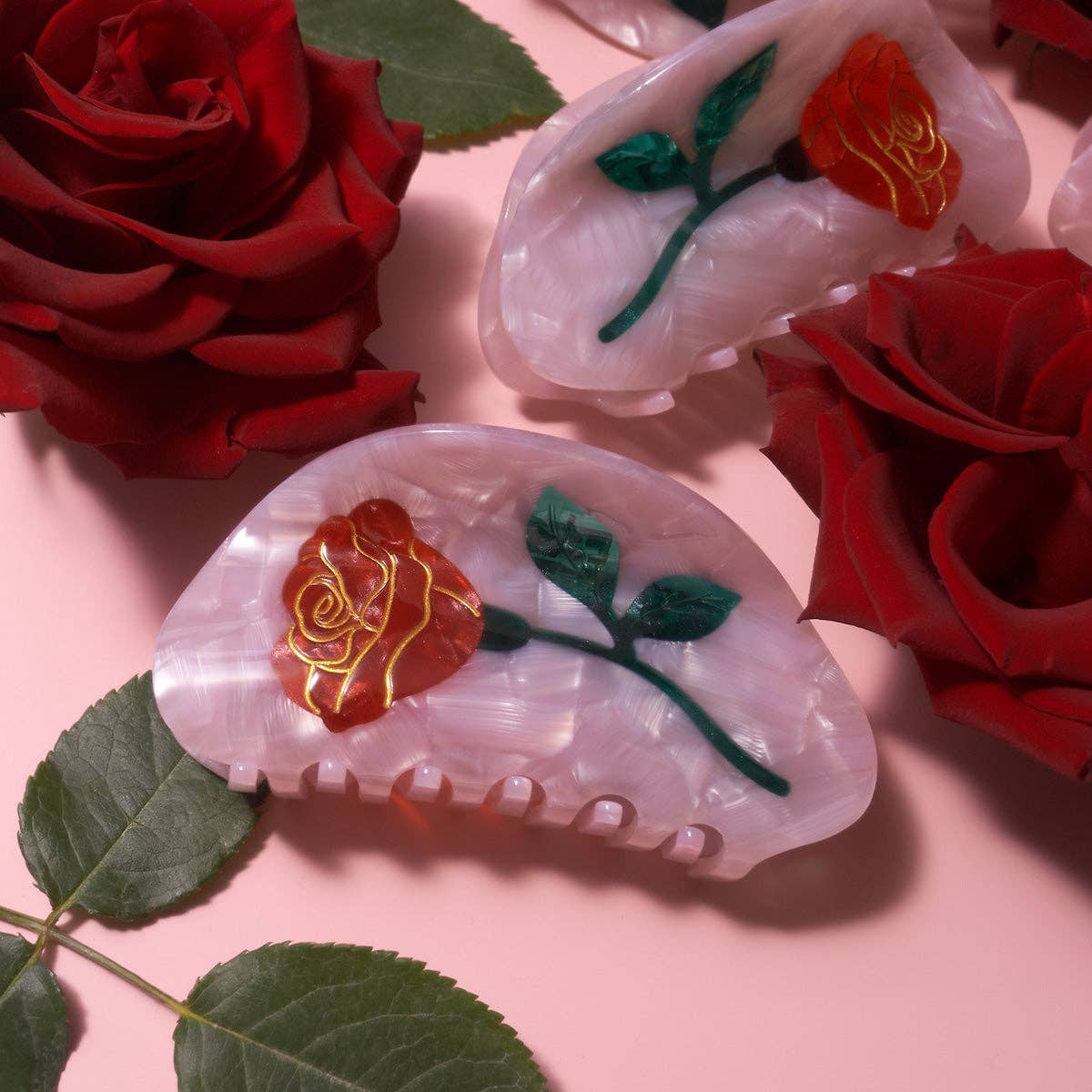 Belle Pink Single Red Rose Acetate Hair Claw