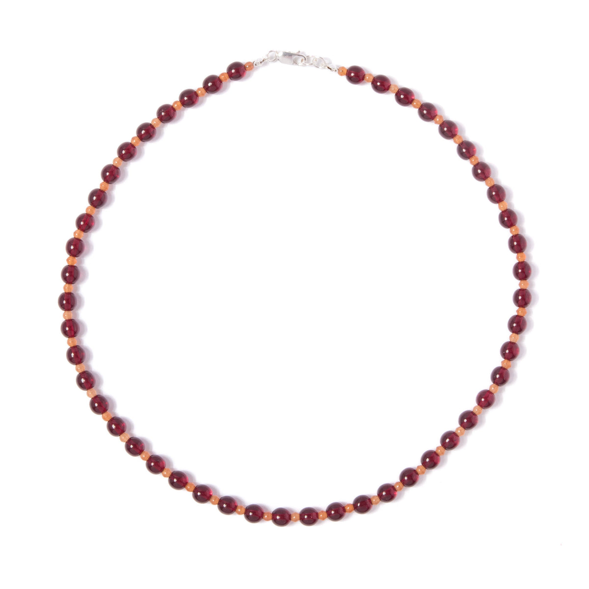 Red + Carnelian Glass Beaded Necklace: 17"