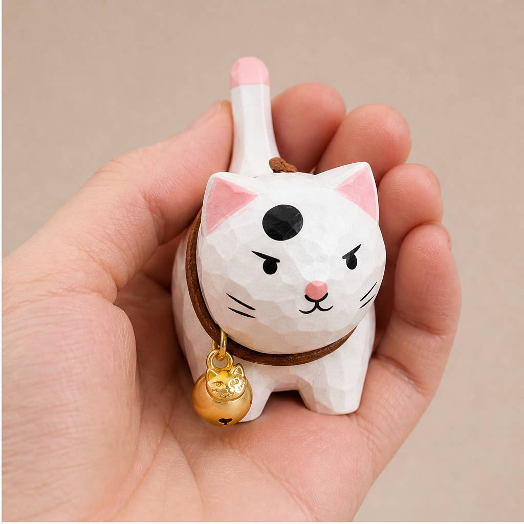 Hand-Carved Basswood Cat Figurine with Bell: A10