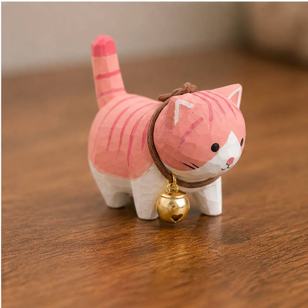 Hand-Carved Basswood Cat Figurine with Bell: A1