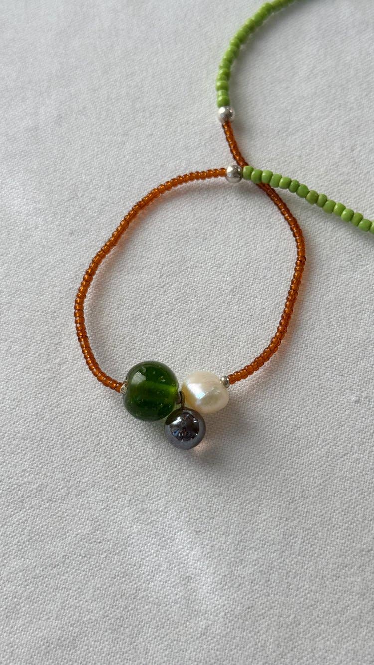 Glass and Pearl Pendant Necklace Brown Green