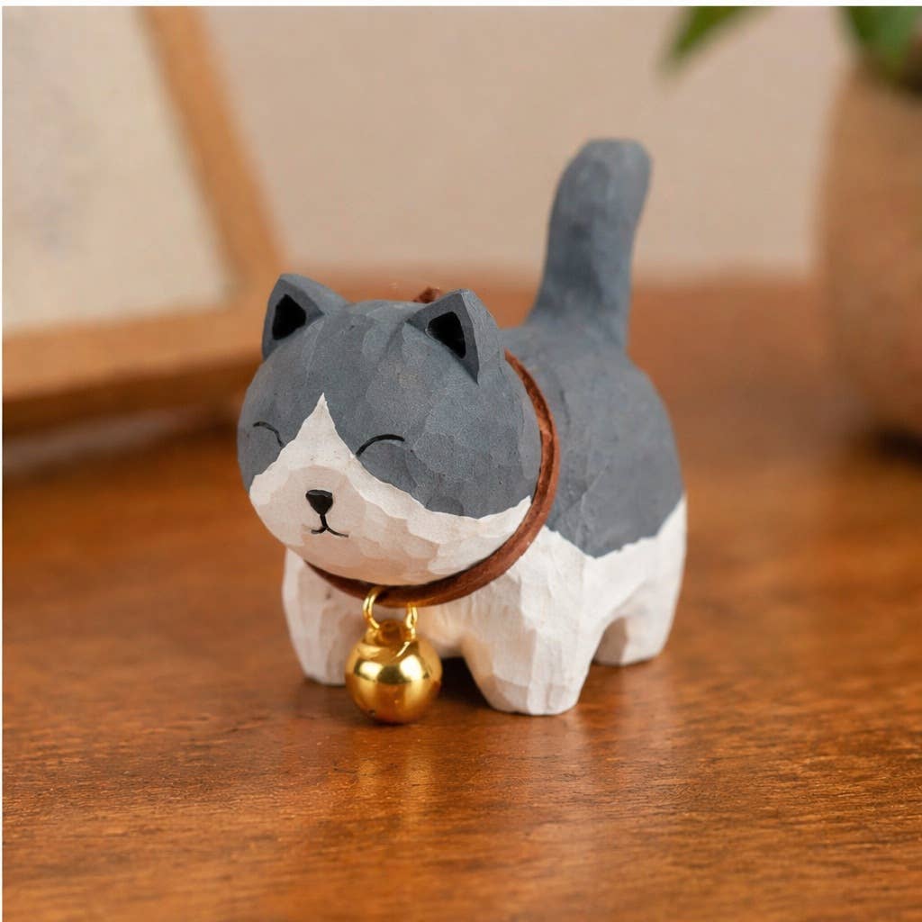 Hand-Carved Basswood Cat Figurine with Bell: A3