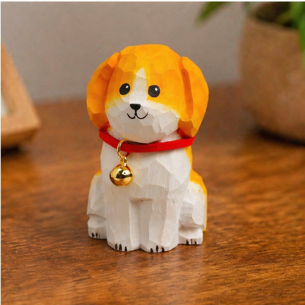 Hand-Carved Basswood Dog Figurine with Bell: A4