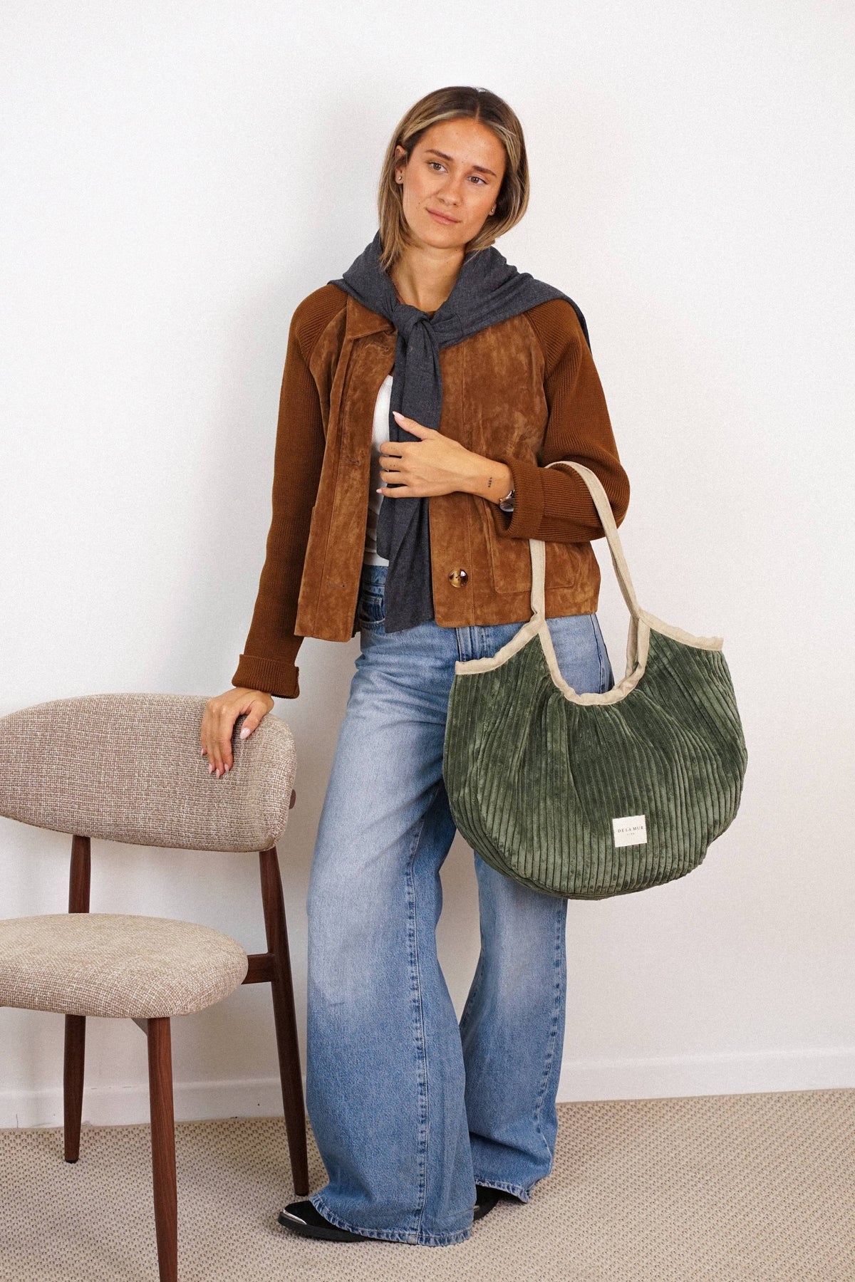 Corduroy Medium Zippered Tote Bag – Olive Green (Musgo)