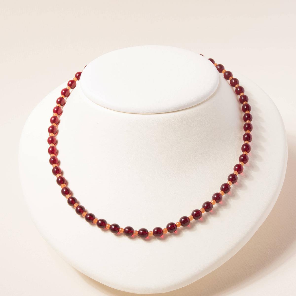 Red + Carnelian Glass Beaded Necklace: 17"