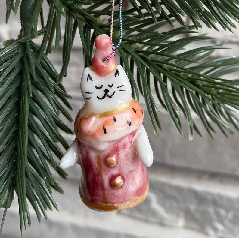Tiny handmade cat themed ceramic Christmas ornament
