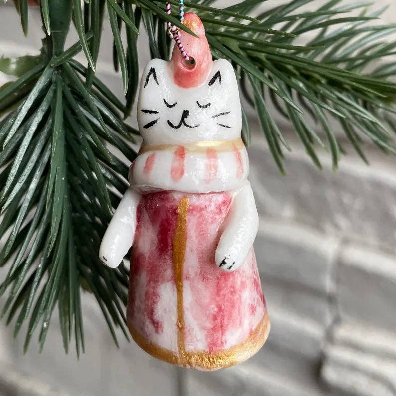 Tiny handmade cat themed ceramic Christmas ornament