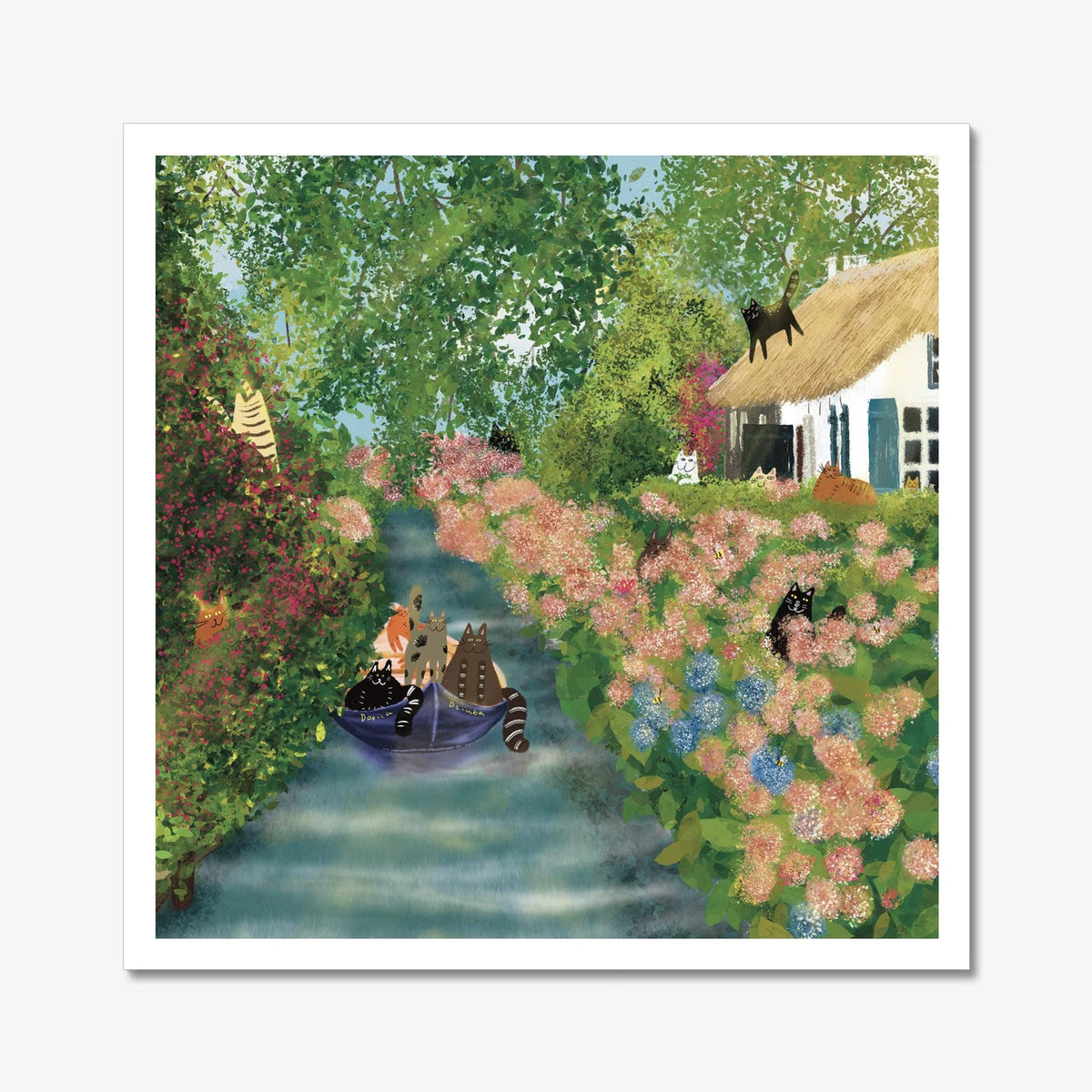 Cats on a Canal in a Cozy Village Unframed Art Print