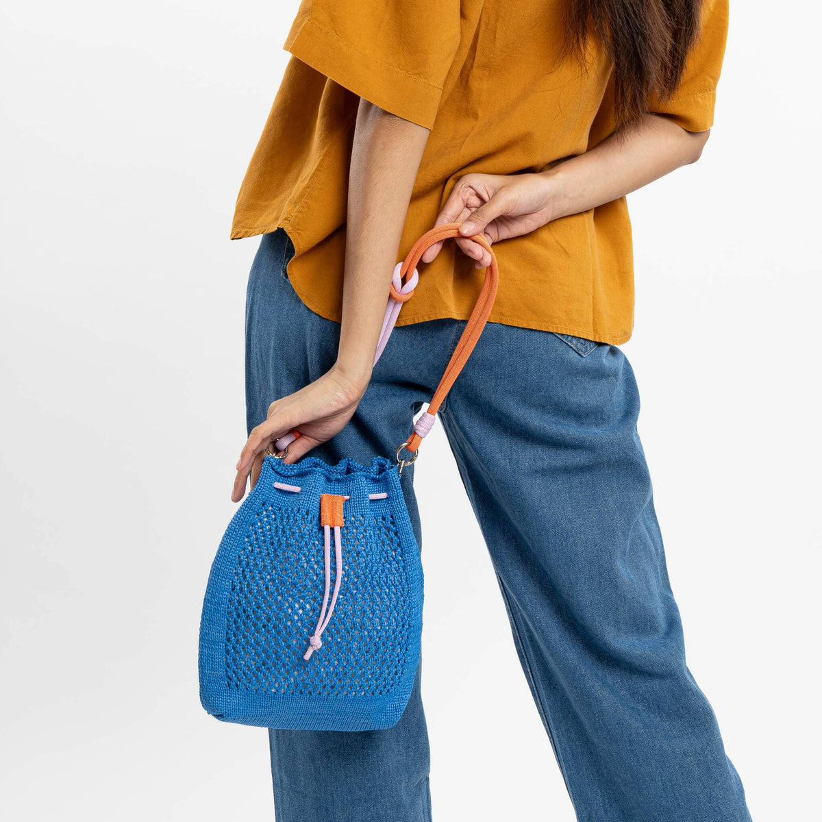 Drawstring Raffia Mini Bag: Cobalt