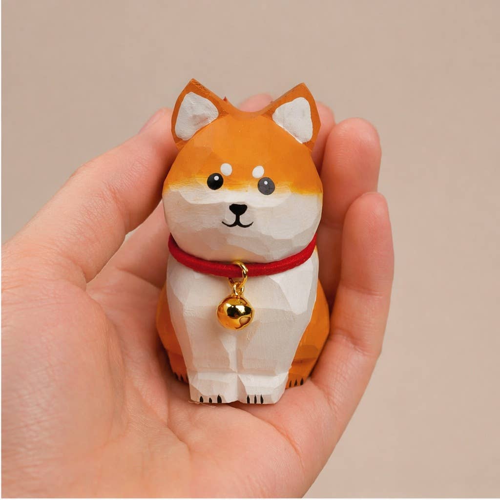 Hand-Carved Basswood Dog Figurine with Bell: A1