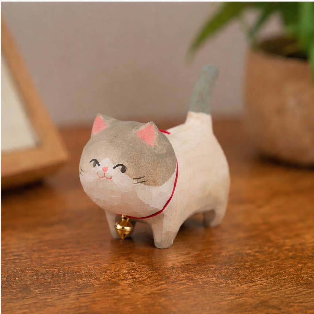 Hand-Carved Wooden Cat Figurine with Bell: A2