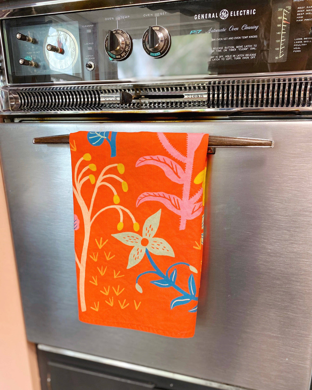 Coral Red Wildflowers Tea Towel