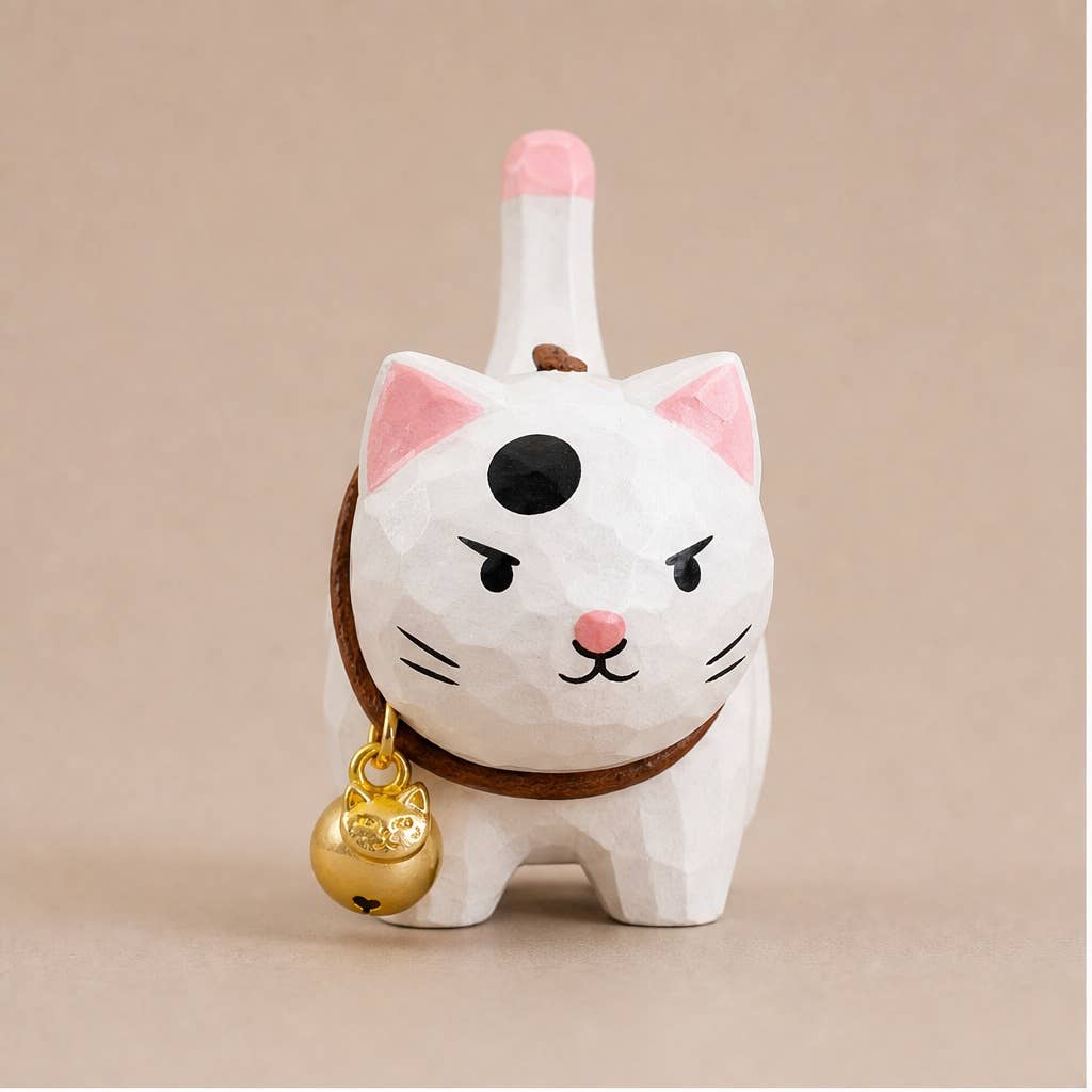 Hand-Carved Basswood Cat Figurine with Bell: A10