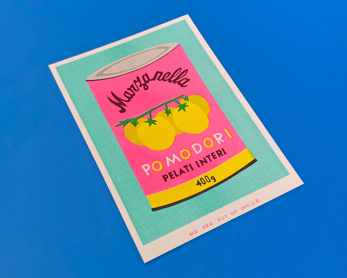 A risograph print of a can of pomodori