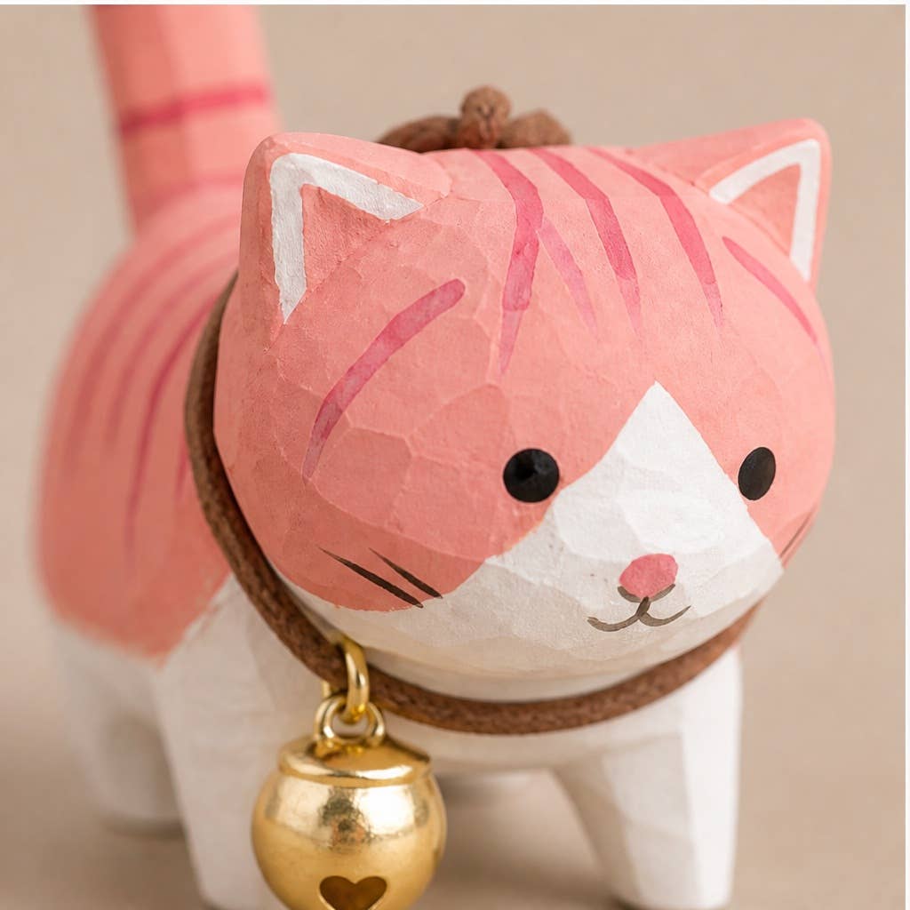 Hand-Carved Basswood Cat Figurine with Bell: A1