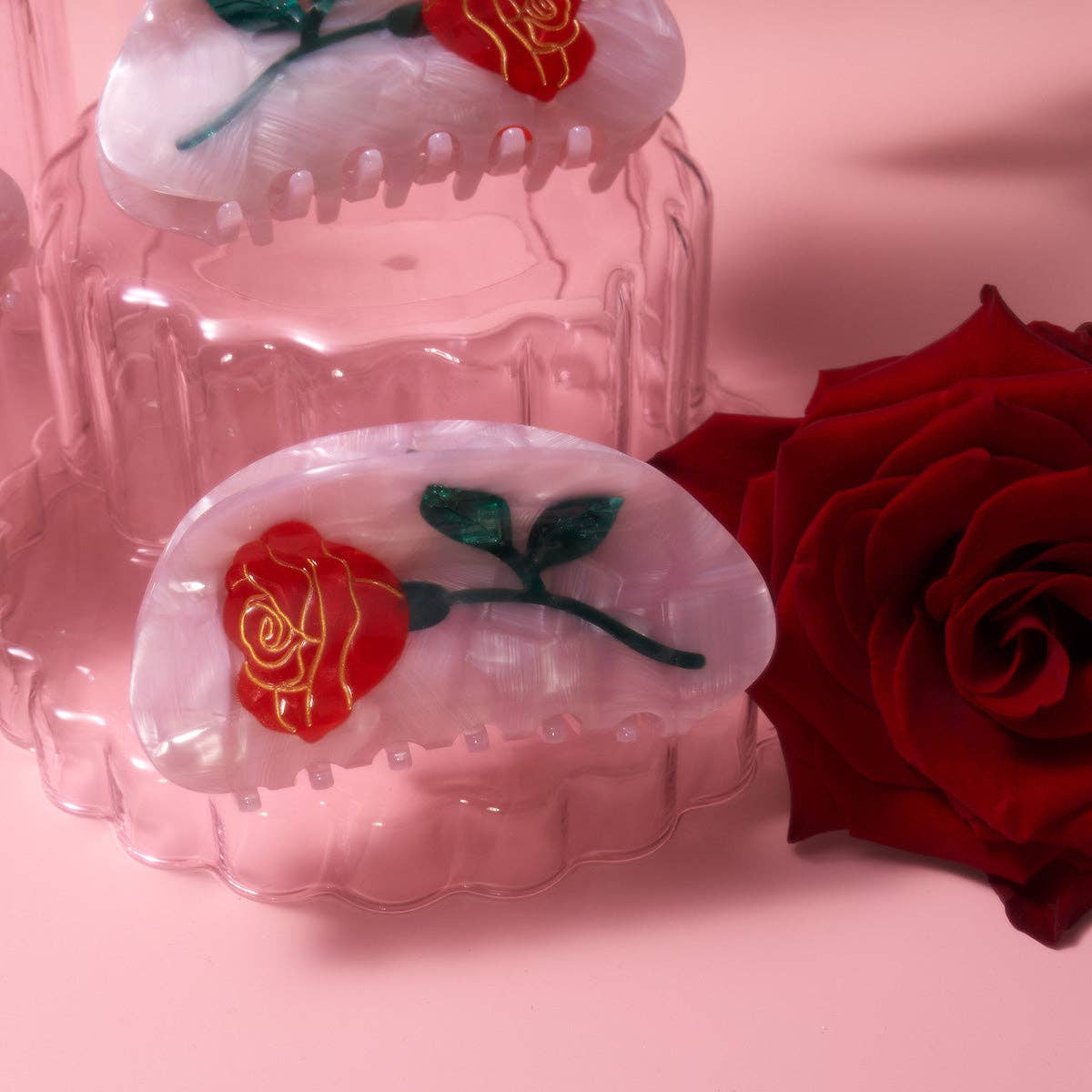 Belle Pink Single Red Rose Acetate Hair Claw