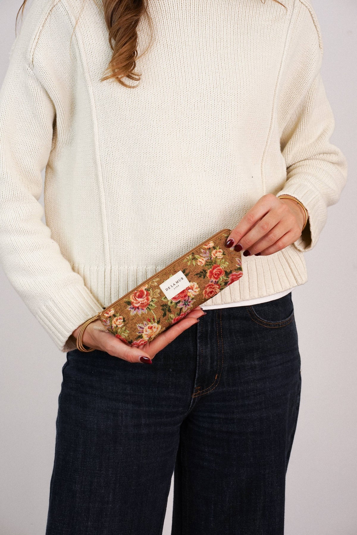 Floral Jacquard Pencil Case – Mustard & Red (Esme)