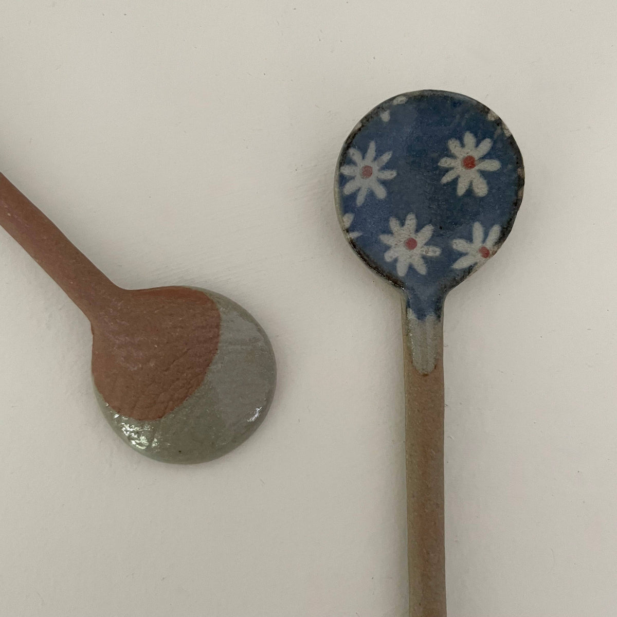 Flower print small handmade Japanese pottery tea spoon: Blue