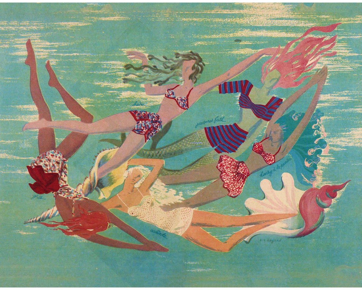 Vintage French mermaid illustration | Women in water | La Femme magazine  | Cabin, lake, bathroom wall art: 8x10 Inches