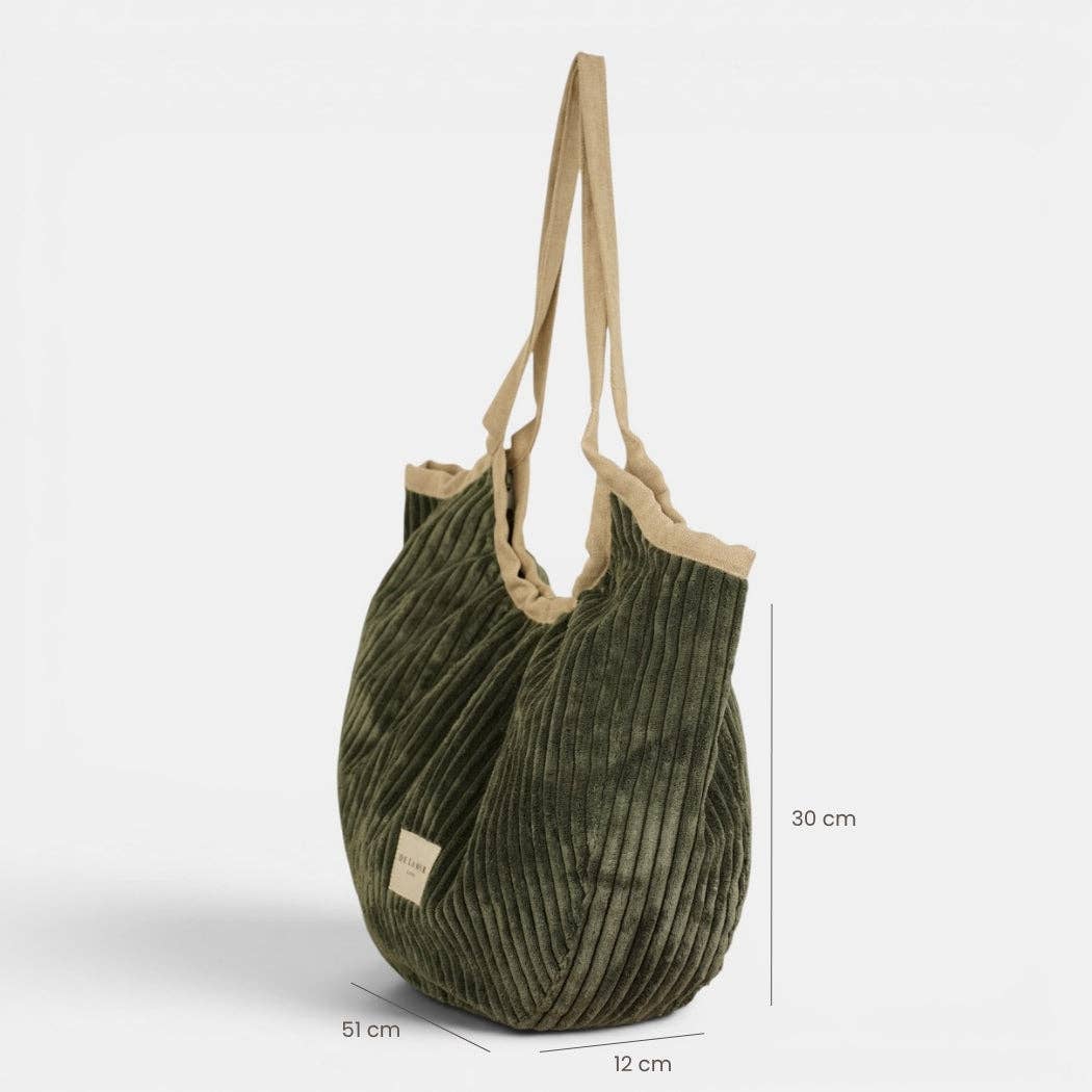 Corduroy Medium Zippered Tote Bag – Olive Green (Musgo)