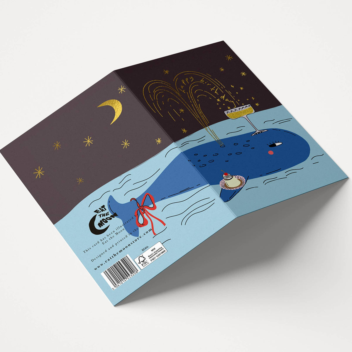 Birthday greeting card, whale in the night