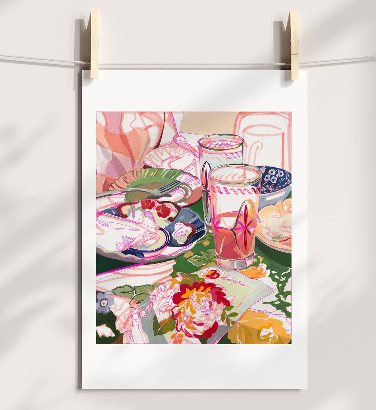 &quot;Brunch Party&quot; Pink Retro Still Life Signed Giclee Print: 8x10&quot;&#39;
