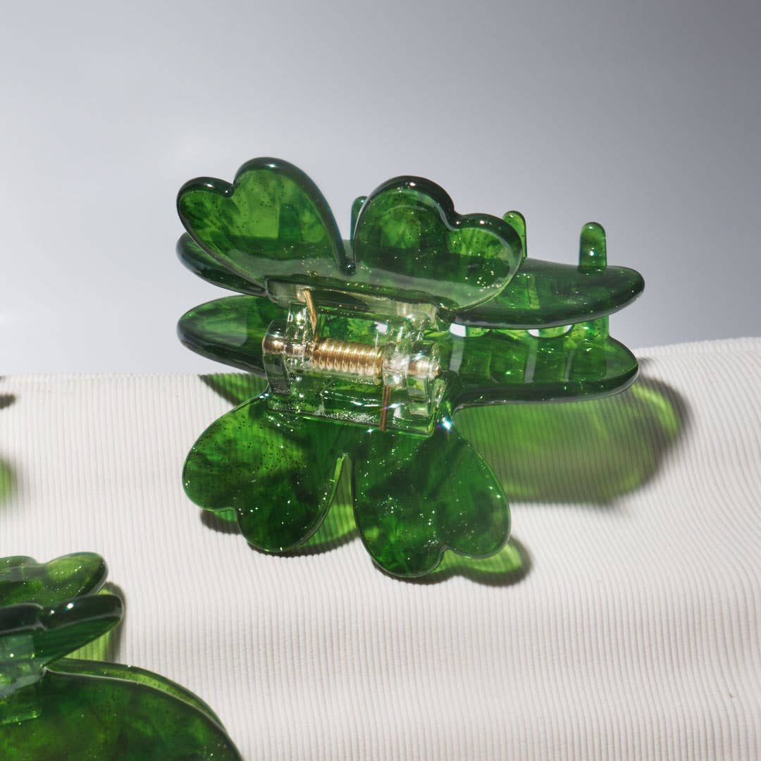 Lucky Four Leaf Clover Green Sparkle Acetate Hair Claw Clip