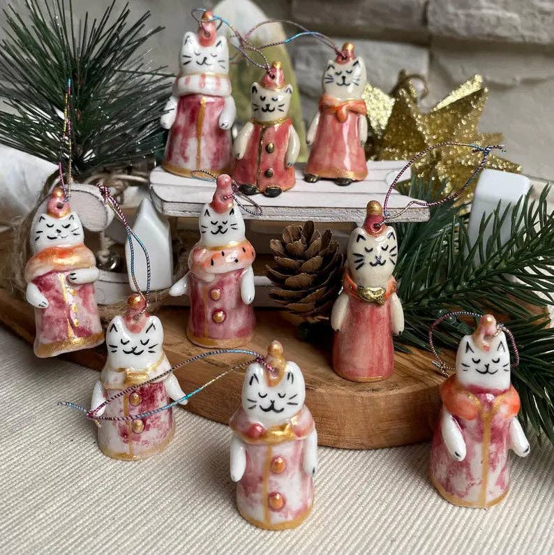 Tiny handmade cat themed ceramic Christmas ornament