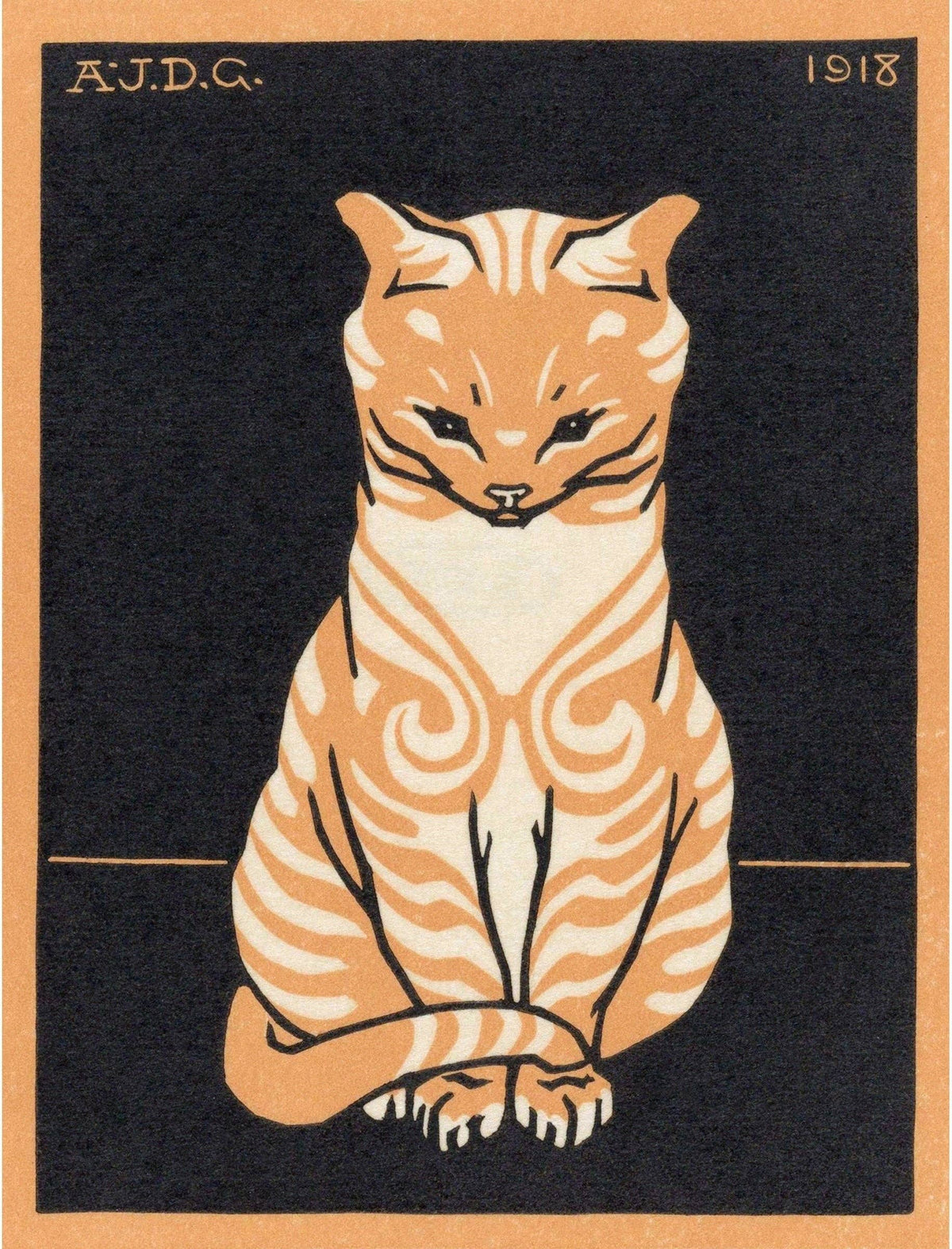 Vintage orange cat fine art print | Tabby cat | Art nouveau animal woodcut |  Woodblock animal wall art | Julie de Graag: 8x10 Inches