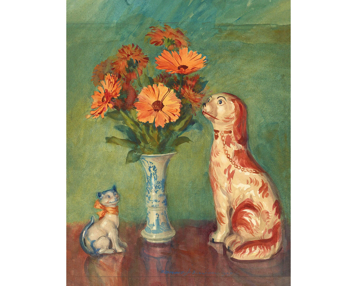 French still life | Lares et Penates |  Marigolds & Staffordshire dog | Flowers with cat, dog | Animal wall art | Art nouveau print: 8x10 Inches